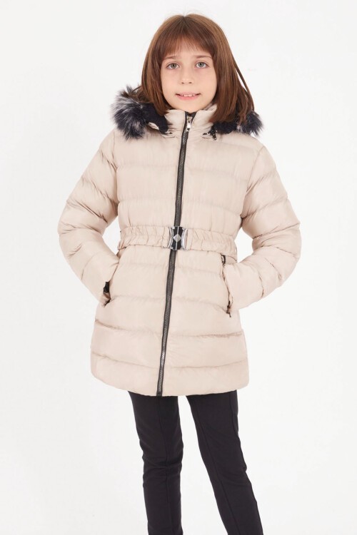 Kız Çocuk Kemerli Şişme Mont Bej 15501