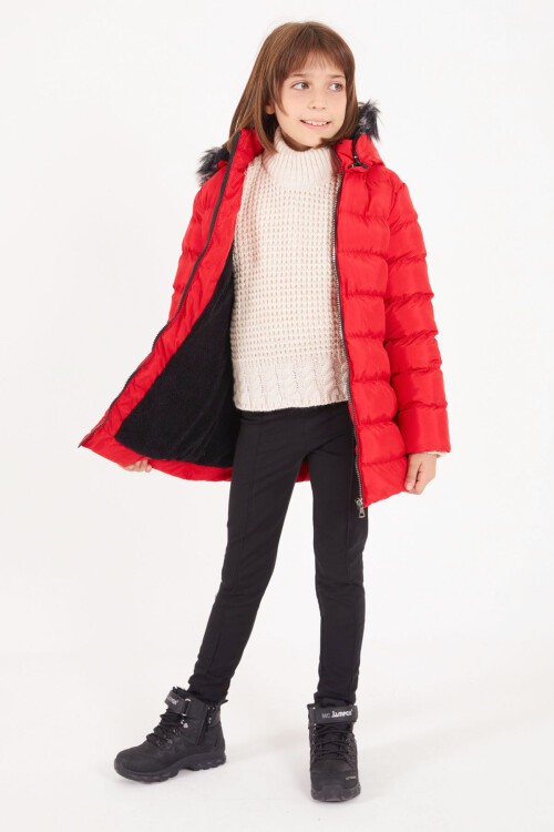 Kız Çocuk Kemerli Şişme Mont Kırmızı 16356