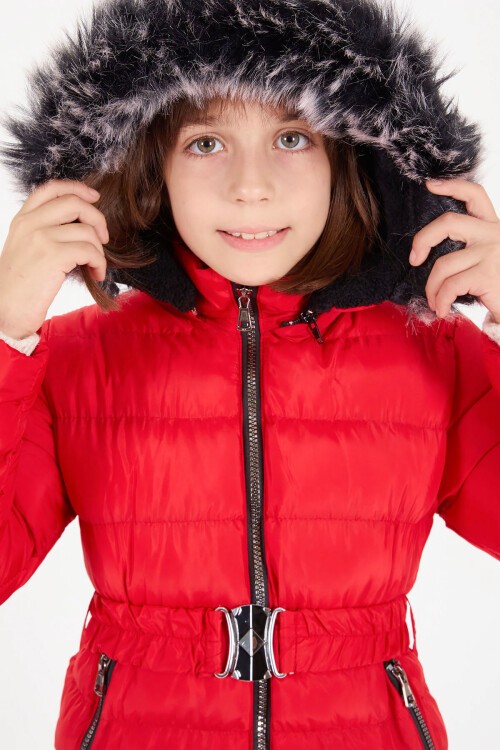 Kız Çocuk Kemerli Şişme Mont Kırmızı 16356