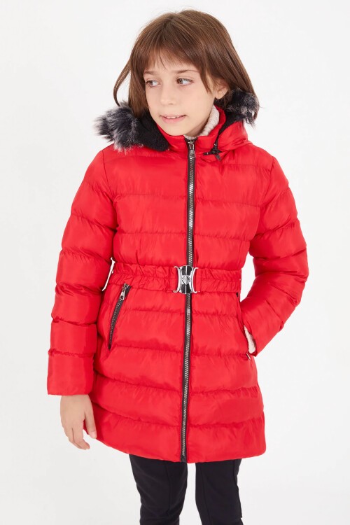 Kız Çocuk Kemerli Şişme Mont Kırmızı 16356