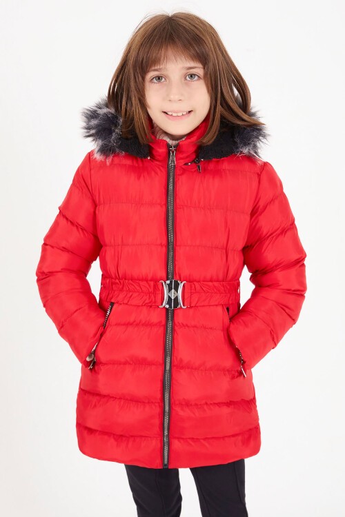 Kız Çocuk Kemerli Şişme Mont Kırmızı 16356