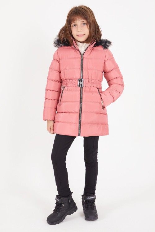 Kız Çocuk Kemerli Şişme Mont Koyu Pembe 16408