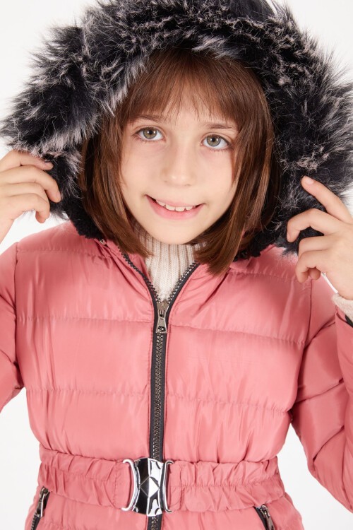 Kız Çocuk Kemerli Şişme Mont Koyu Pembe 16408