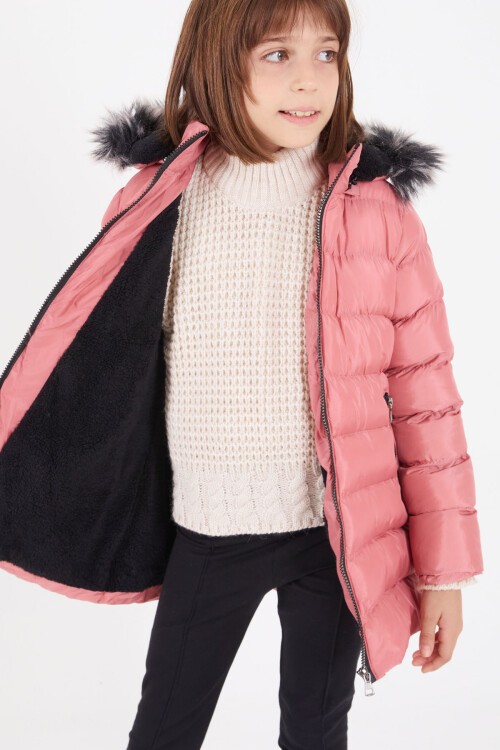 Kız Çocuk Kemerli Şişme Mont Koyu Pembe 16408