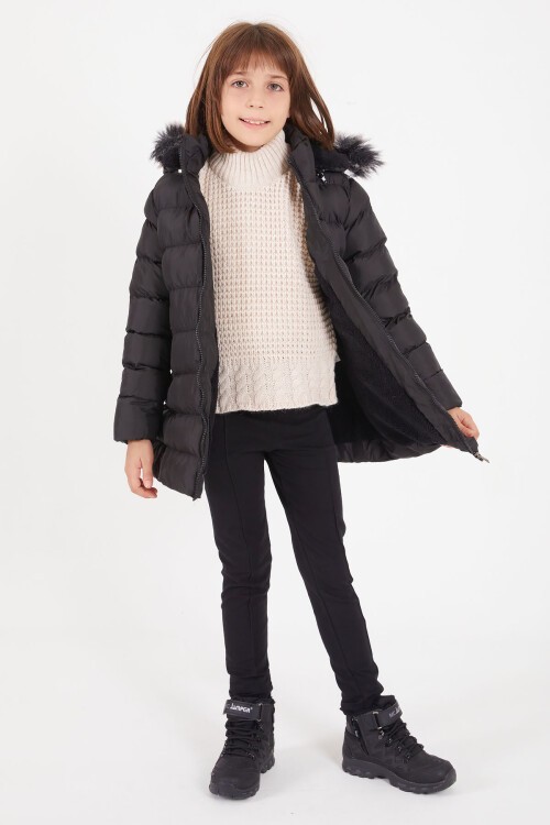 Kız Çocuk Kemerli Şişme Mont Siyah 15499