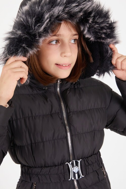 Kız Çocuk Kemerli Şişme Mont Siyah 15499