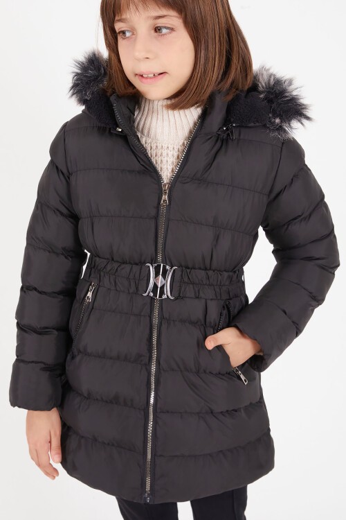 Kız Çocuk Kemerli Şişme Mont Siyah 15499
