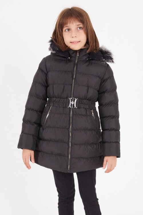 Kız Çocuk Kemerli Şişme Mont Siyah 15499