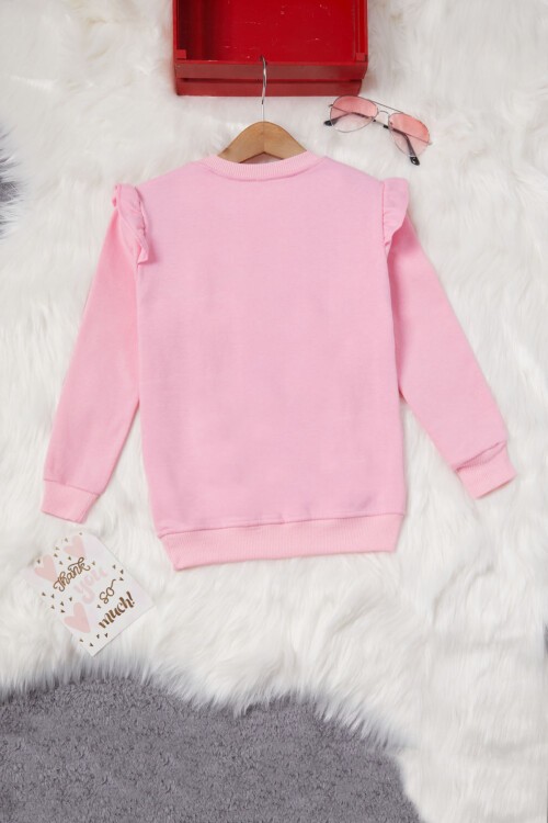 Açık Pembe Ayıcıklı Kolları Volanlı Kız Çocuk Şardonlu Sweatshirt 16985