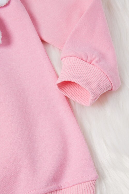 Açık Pembe Ayıcıklı Kolları Volanlı Kız Çocuk Şardonlu Sweatshirt 16985