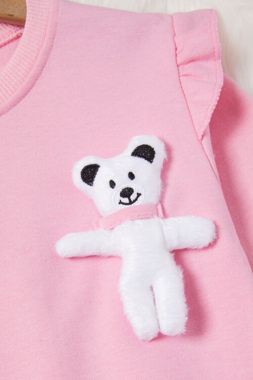 Açık Pembe Ayıcıklı Kolları Volanlı Kız Çocuk Şardonlu Sweatshirt 16985