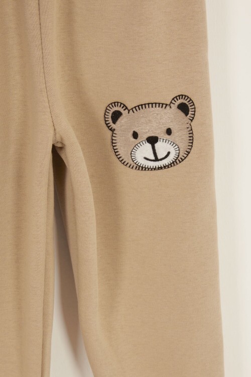 Bej Erkek Çocuk Sevimli Ayıcık Temalı Şardonlu 3 İplik 2li Takım