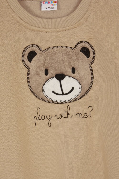 Bej Erkek Çocuk Sevimli Ayıcık Temalı Şardonlu 3 İplik 2li Takım