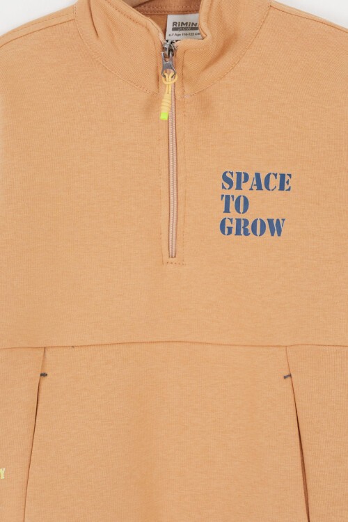 Bej Fermuarlı Yaka Yazılı Erkek Çocuk Polarlı Eşofman Takımı 16741