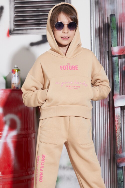 Bej Future Yazılı Sırtı Baskılı Polarlı Kız Kapşonlu Eşofman Takımı 16747