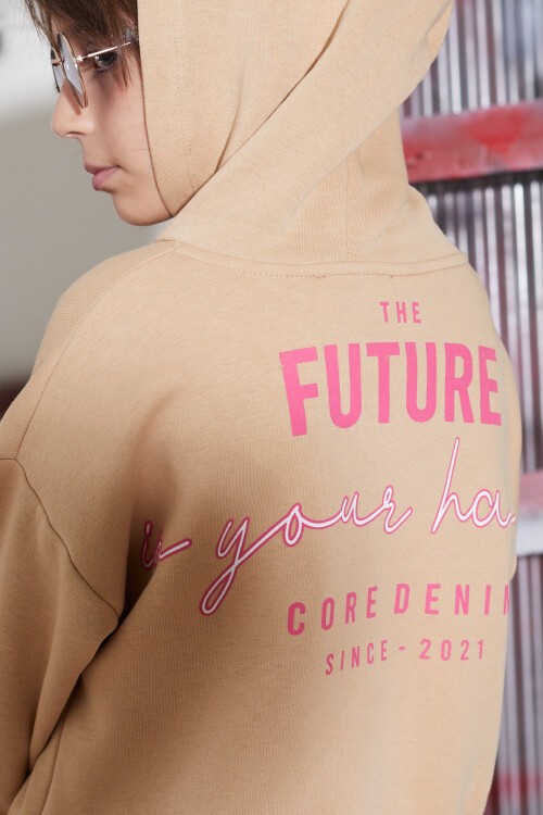 Bej Future Yazılı Sırtı Baskılı Polarlı Kız Kapşonlu Eşofman Takımı 16747