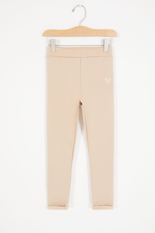 Bej Kalp Nakışlı İçi Peluş Kız Çocuk Tayt 17093