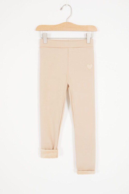 Bej Kalp Nakışlı İçi Peluş Kız Çocuk Tayt 17093