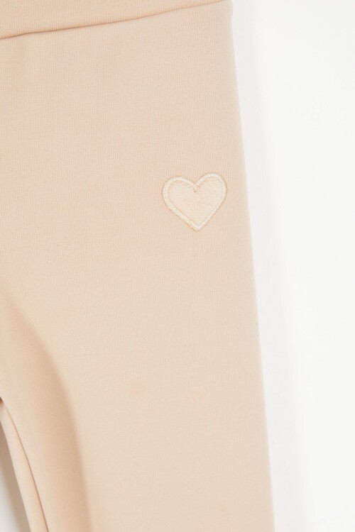 Bej Kalp Nakışlı İçi Peluş Kız Çocuk Tayt 17093