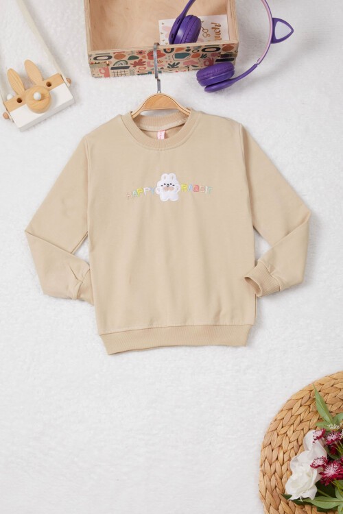 Bej Tavşan Nakışlı Yazılı Kız Çocuk Sweatshirt 16950