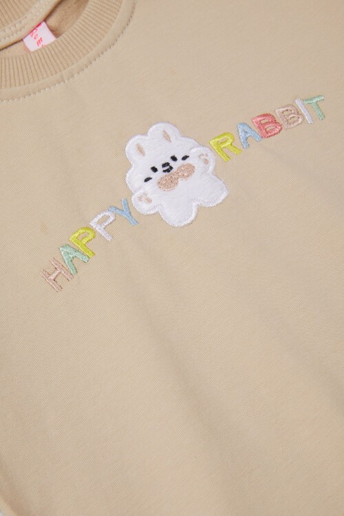 Bej Tavşan Nakışlı Yazılı Kız Çocuk Sweatshirt 16950