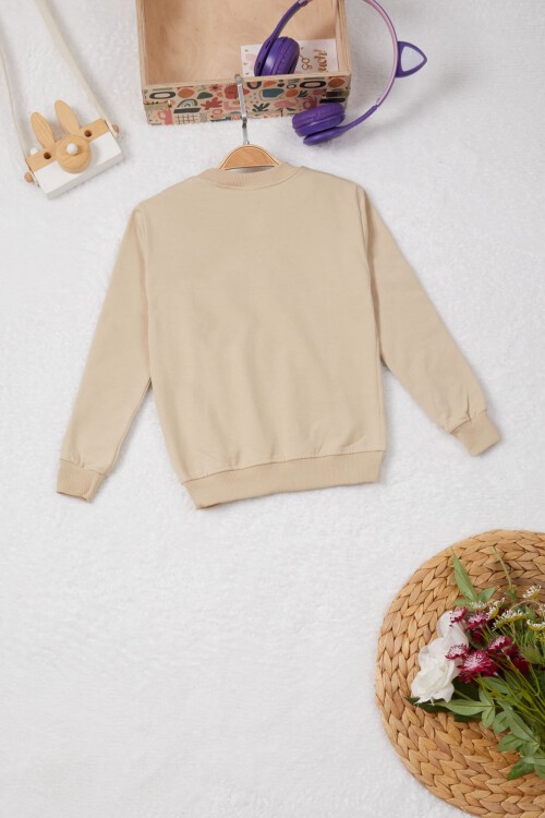 Bej Tavşan Nakışlı Yazılı Kız Çocuk Sweatshirt 16950