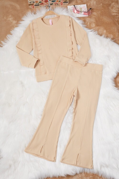 Bej Yırtmaçlı Önü Fırfırlı Kız Çocuk Takım 17183