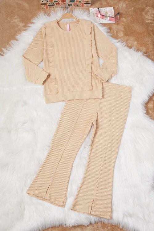 Bej Yırtmaçlı Önü Fırfırlı Kız Çocuk Takım 17183