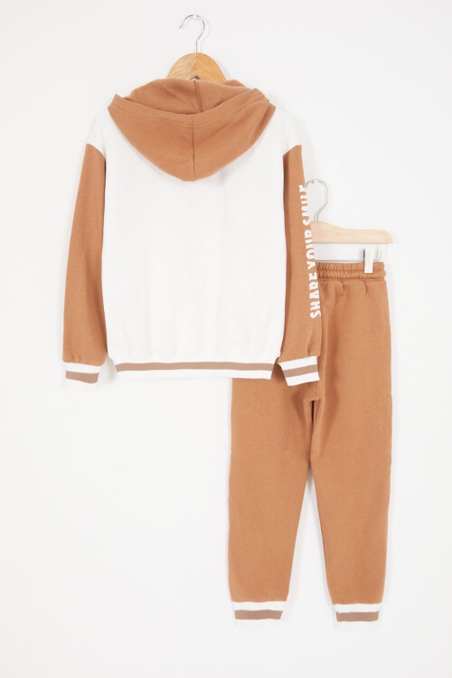 Beyaz Girl Yazı Baskılı Kapüşonlu Şardonlu Kolej Eşofman Takım 17074