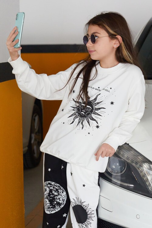 Beyaz Güneş Baskılı Yazılı Kız Çocuk Bisiklet Yaka Sweatshirt 17082
