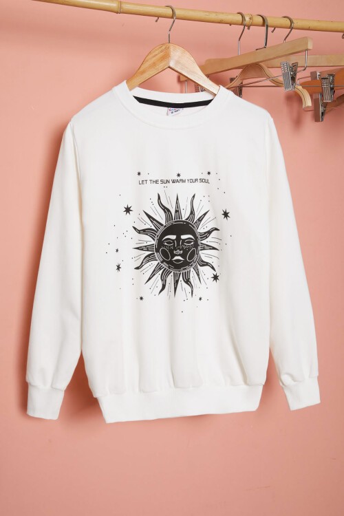 Beyaz Güneş Baskılı Yazılı Kız Çocuk Bisiklet Yaka Sweatshirt 17082