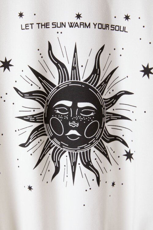 Beyaz Güneş Baskılı Yazılı Kız Çocuk Bisiklet Yaka Sweatshirt 17082