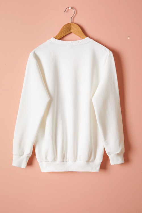 Beyaz Güneş Baskılı Yazılı Kız Çocuk Bisiklet Yaka Sweatshirt 17082