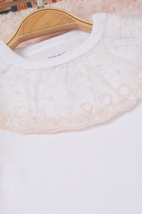Beyaz Kız Bebek Dantel Yakalı Uzun Kol Çıtçıtlı Badi 16834