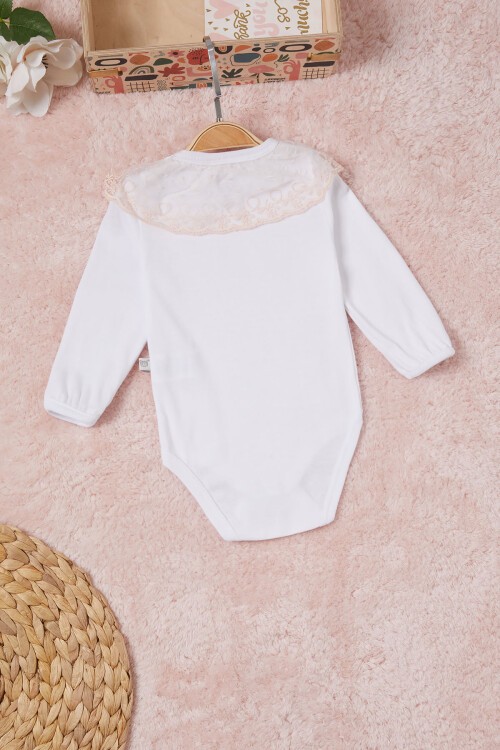 Beyaz Kız Bebek Dantel Yakalı Uzun Kol Çıtçıtlı Badi 16834