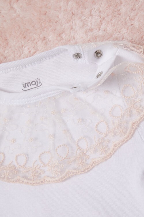 Beyaz Kız Bebek Dantel Yakalı Uzun Kol Çıtçıtlı Badi 16834