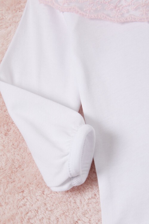 Beyaz Kız Bebek Dantel Yakalı Uzun Kol Çıtçıtlı Badi 16835