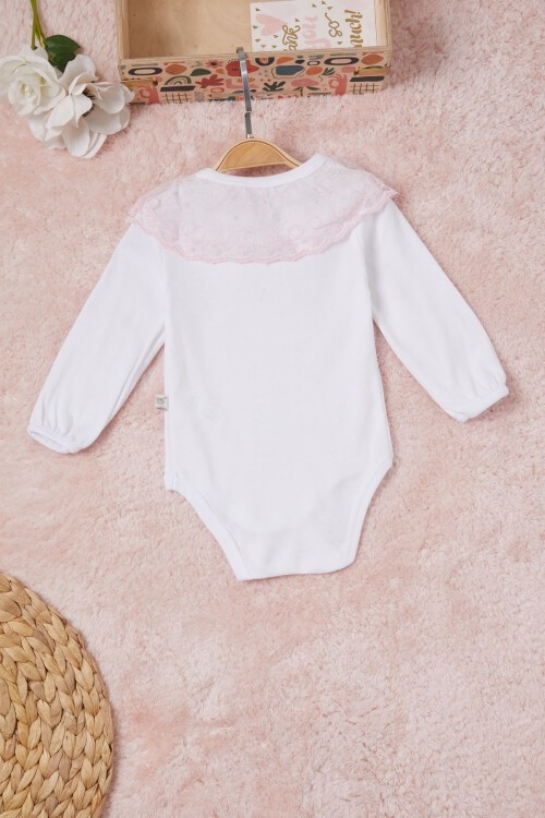 Beyaz Kız Bebek Dantel Yakalı Uzun Kol Çıtçıtlı Badi 16835