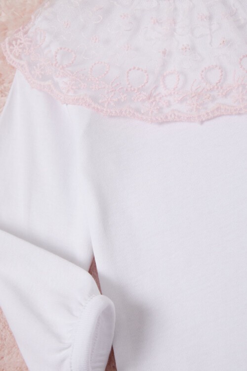 Beyaz Kız Bebek Dantel Yakalı Uzun Kol Çıtçıtlı Badi 16835