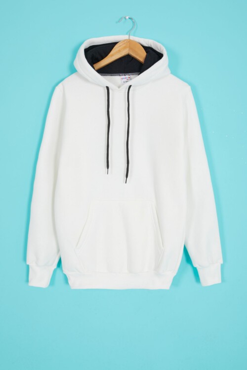 Beyaz Polarlı Kanguru Cepli Çocuk Kapüşonlu Sweatshirt 17040