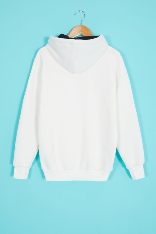 Beyaz Polarlı Kanguru Cepli Çocuk Kapüşonlu Sweatshirt 17040