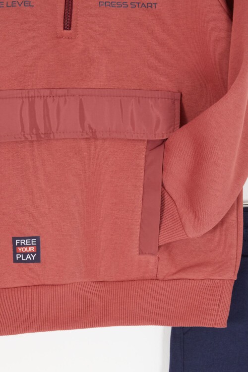 Bordo Just Baskılı Fermuarlı Yaka Erkek Çocuk Şardonlu Eşofman Takımı 16963