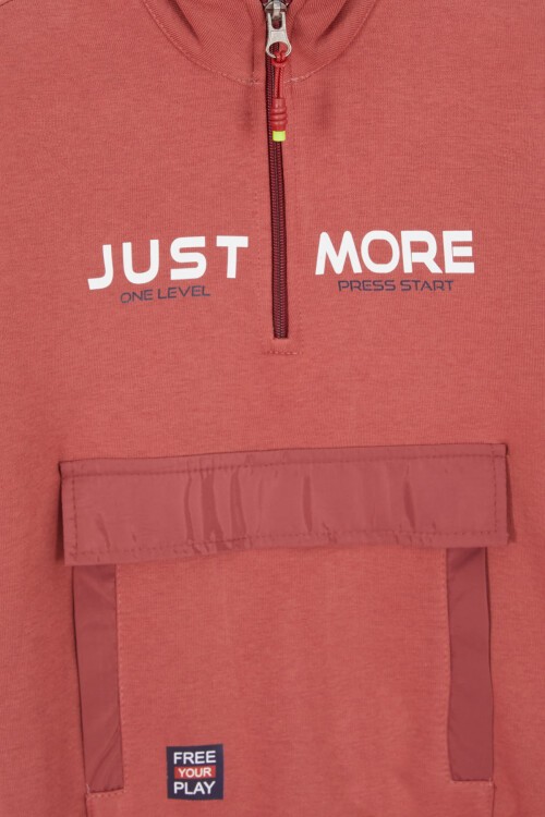 Bordo Just Baskılı Fermuarlı Yaka Erkek Çocuk Şardonlu Eşofman Takımı 16963