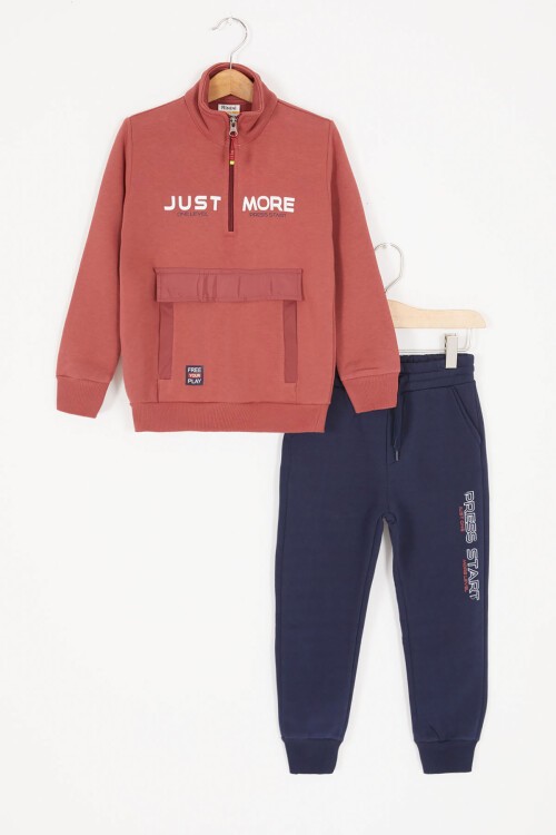 Bordo Just Baskılı Fermuarlı Yaka Erkek Çocuk Şardonlu Eşofman Takımı 16963