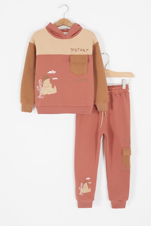 Bordo Kaktüs Baskılı Üç İp Şardonlu Erkek Çocuk Eşofman Takım 17114