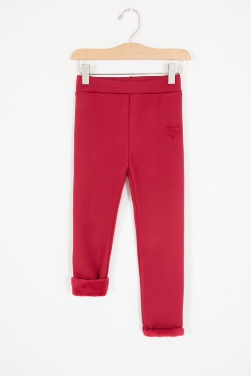 Bordo Kalp Nakışlı İçi Peluş Kız Çocuk Tayt 17091