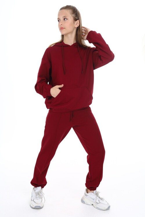 Bordo Kanguru Cepli Kapşonlu Kız Çocuk Eşofman Takımı 16847