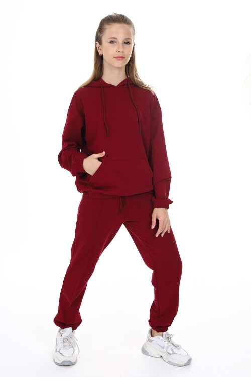 Bordo Kanguru Cepli Kapşonlu Kız Çocuk Eşofman Takımı 16847