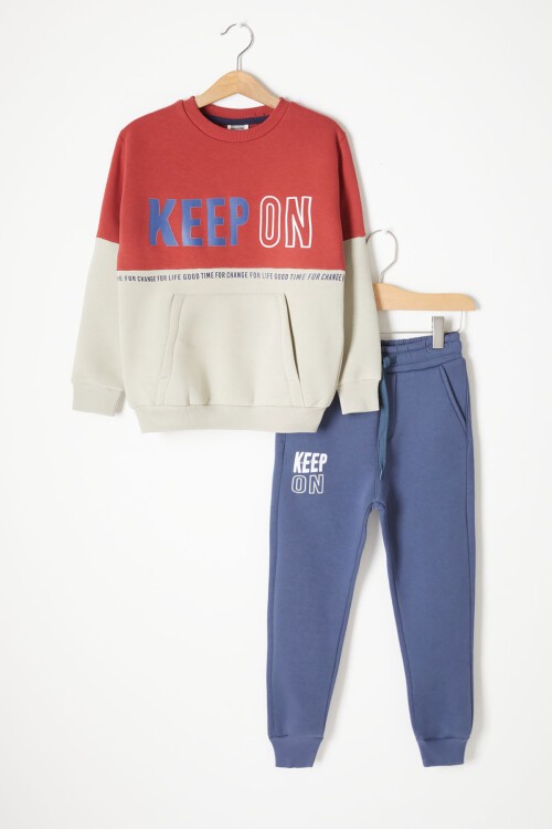 Bordo Kanguru Cepli Yazı Baskılı Erkek Çocuk Polarlı Eşofman Takımı 16734