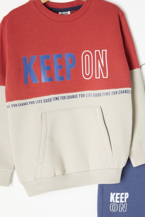 Bordo Kanguru Cepli Yazı Baskılı Erkek Çocuk Polarlı Eşofman Takımı 16734